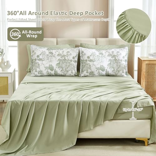 DJY Sage Green Comforter Set King, 7 Pieces Bed in a Bag King Size Botanical Comforters with Sheets Elegant Plants Print Soft Microfiber Reversible Complete Bedding Sets for All Season DJY