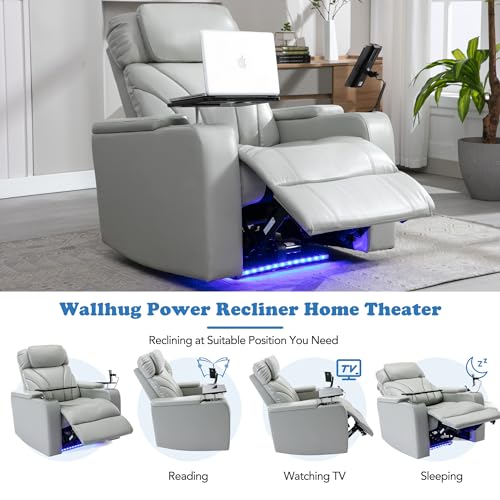 QKFF Zero Wall Power Recliner with Bluetooth Speaker & USB Ports - Home Theater Electric Recliner Chair with Cup Holder, Arm Storage, LED Lights, Phone Holder & Removable Tray Table