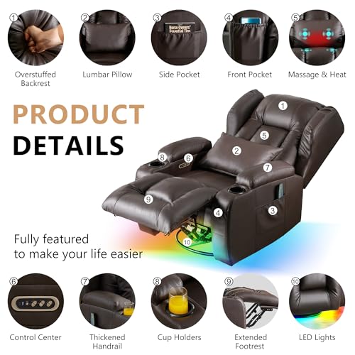 DRMBOOK Dual Motor Power Swivel Rocker Recliner Chairs, Electric Wall Hugger Reclining Sofa with Massage & Heat, Comfy Theater Seating with LED Light/USB/Type-C Ports (Leather Brown, Single Chair)