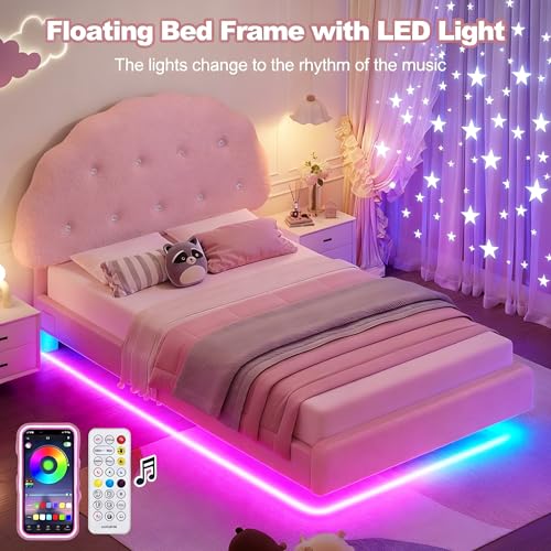 Lynxor Teddy Velvet Twin Size Bed Frame with LED Lights, Cookie Floating Platform Bed Frame, Adjustable Headboard and Elevated Footboard, Noise Free,Princess Room Upholstered Bed Frame, (Pink) Lynxor
