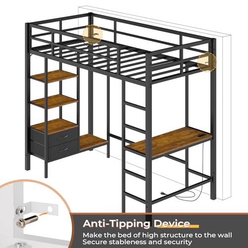 DICTAC Twin Loft Bed with Desk, Storage, and LED Lights - Black Metal Frame DICTAC