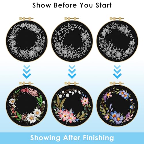 ERKOON 3 Sets Embroidery Kit, Floral Cross Stitch Set for Include Embroidery Cloth Hoops Threads for Craft Lover Hand Stitch (Garlands)
