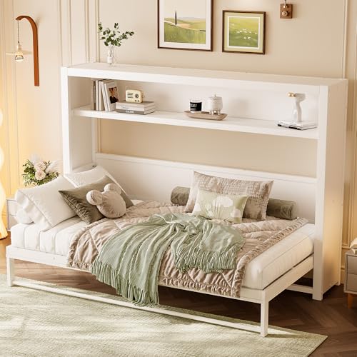 Ball & Cast Twin Size Murphy Bed W/Built-in Shelves,Horizontal Murphy Bed Cabinet W/Clothes Hanger,Space-Saving Metal Wall Bed Frame for Home Office,Apartment,Guest Room,White Ball & Cast
