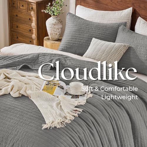 DOWN HOME Twin Quilt Bedding Set with Sham, Vintage Washed Soft Quilted Blanket Thin Comforter Lightweight Bedspread Coverlet Bed Cover, Brushed Microfiber Stripe Stitching, Ash Gray, 66"x92" DOWN HOME