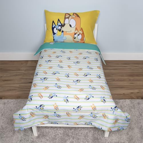 Bluey 4 Piece Toddler Bedding Set – Includes Comforter, Sheet Set – Fitted Top Sheet Reversible Pillowcase for Boys or Girls Bed, Blue Bluey