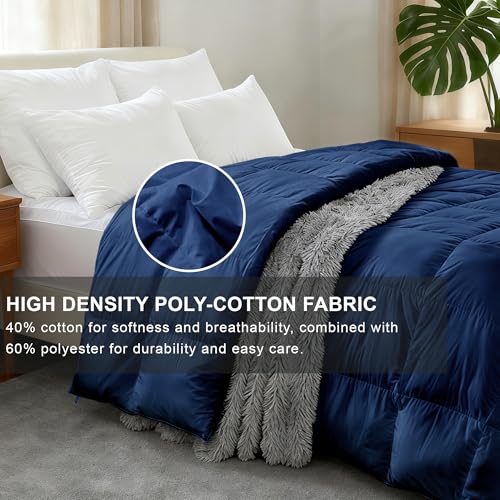 ALPSWAN Luxury Goose Feather Down Fiber Comforter Queen Size, 300TC Blue Cotton Blended Duvet Insert, All Season Hotel Bedding Alternative Down Comforter with Corner Tabs (Blue, Queen) ALPSWAN