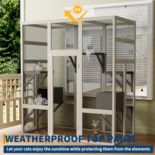 70" Large Outdoor Catio Cat Enclosure, Wood Cat Patio with Waterproof UV-Resistant Roof, Cats Shelter with 5 Platforms and 2 Resting Box, and Secure Rust-Proof Wire for Backyard or Patio IDEALHOUSE