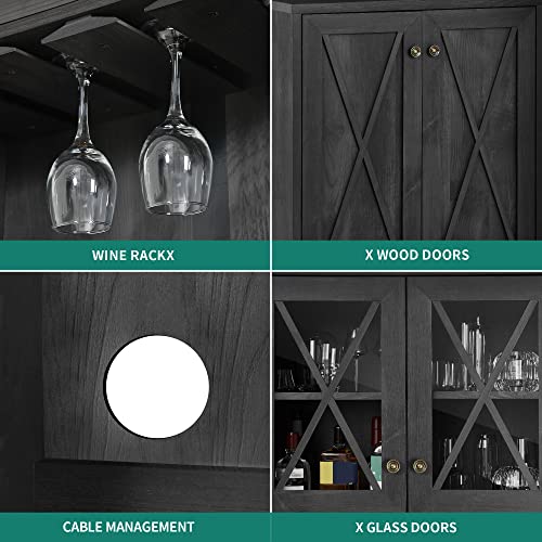 YITAHOME Farmhouse Bar Cabinet, 67" Tall Wine Bar Cabinet with for Wine Glass Rack, Home Bar Cabinet with Open Storage Shelves & Glass Doors for Living Room, Hallway, Charcoal Grey YITAHOME