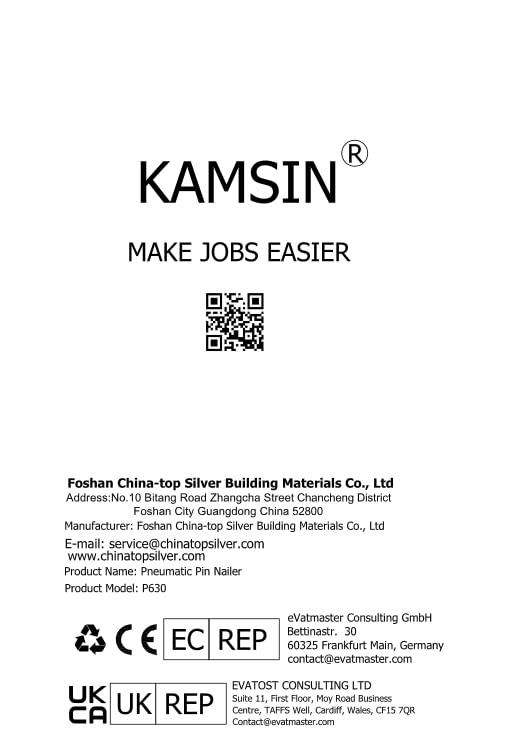 KAMSIN P630 23 Gauge Pneumatic Headless Pin Nailer Kit With 10,000PCS Pin Nails, 1/2-Inch to 1-3/16-Inch Leg Length, Air Power Micro Pinner With Safety For Furniture, Cabinets, Interior Decoration KAMSIN