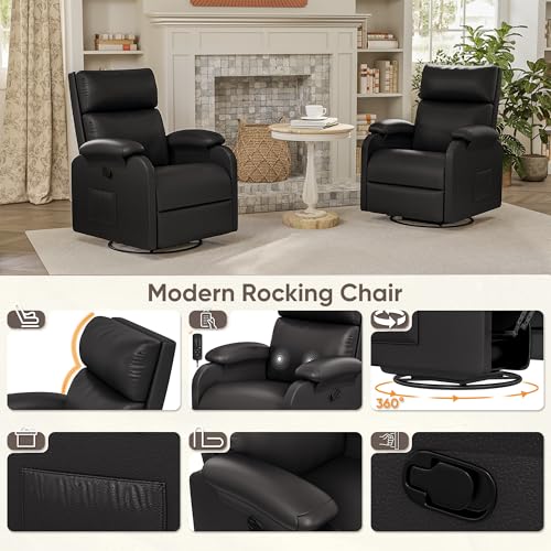 Homall Recliner Chair, 360 Swivel Rocking Chair for Adults, Massage Nursery Chair with Adjustable Backrest and Footrest, PU Leather Glider Rocker Recliners with Side Pocket for Living Room (Black) Homall