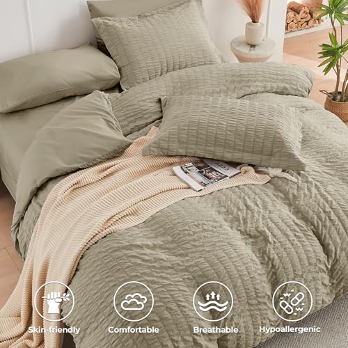 HYMOKEGE Linen Full Size Comforter Sets Seersucker 7 Pieces, All Season Luxury Bed in a Bag for Bedroom, Bedding Set with Comforter, Sheets, Pillowcases & Shams HYMOKEGE