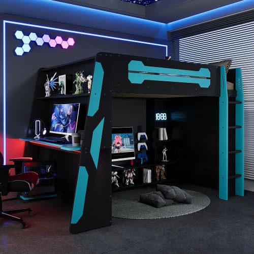 Gaming Loft Bed with Desk and RGB Light, Full Size Wood Loft Bed Frame with Storage Shelves (Blue) Harper & Bright Designs
