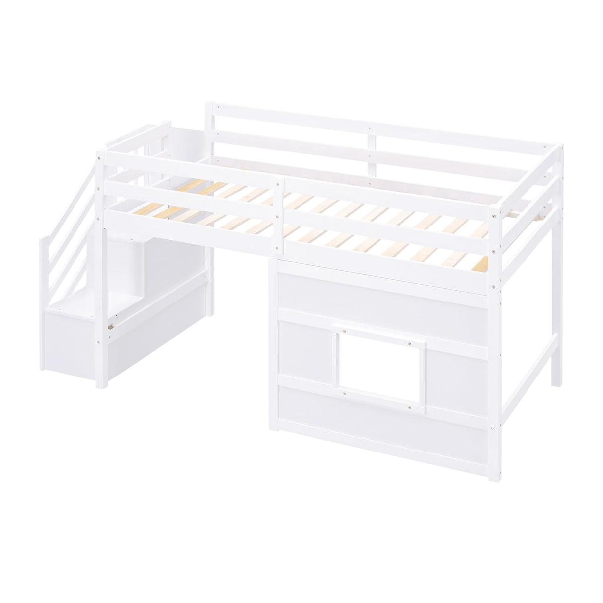 Merax Twin Loft Bed with Storage Staircase and Large Underbed Space for Teens, Boys, Girls, Solid Wood Bedframe & Full-Length Safety Guardrails for Bedroom, No Box Spring Needed, Easy Assembly, White Merax