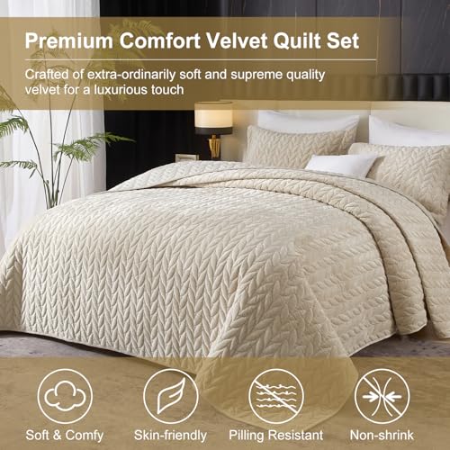 Ivellow Luxury Velvet Quilt Set King Size Bedding Sets Lightweight Ultra Soft Velvet Comforter Set Leaves Chevron Stitch Oversized Bedspread Coverlet 3 Pcs Full Bed Cover Sets for All Seasons Beige Ivellow