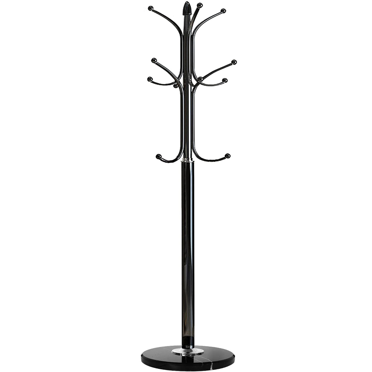 Kertnic Metal Coat Rack Stand with Natural Marble Base, Free Standing Hall Tree with 12 Hooks for Hanging Scarf, Bag, Jacket, Home Entry-way Hat Hanger Organizer (Black) Kertnic