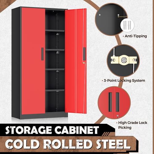 INTERGRAET Metal Storage Cabinet with Adjustable Shelves, Garage Storage Cabinets with Doors and Shelves, File Cabinets for Home Office, Kitchen Pantry Cabinet, 72''H, Black Red INTERGREAT