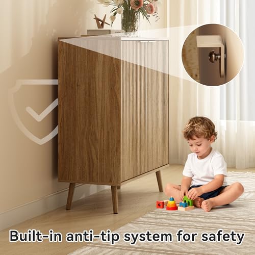 Sscaktu Fluted Shoe Cabinet with Doors, 5-Tier Shoe Storage Cabinet with Adjustable Shelves, Wooden Freestanding Shoe Organizer Shoe Cabinet for Entryway,Hallway,Living Room, Natural Oak Sscaktu