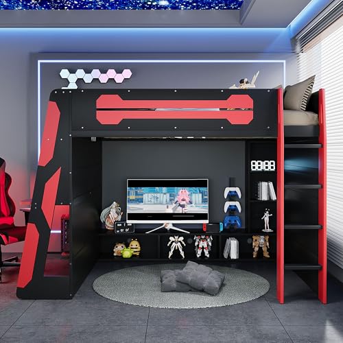 HZXINKEDZSW Full Size Wood Gaming Loft Bed with Desk, Multi-Storage Shelves and Light Strip, Modern Esports Style Bed Frame for Boys Girls Teens Bedroom Apartment Dormitory (Black+Red, Full) HZXINKEDZSW