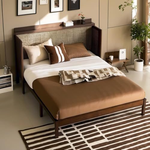 PVWIIK Queen Size Multi-Functional Bed Frame with Rattan Decoration Panel and Drawer for Girls/Boys,Home Office, Studio,Bedroom,Cabinet Murphy Bed w/Plank Support,No Box Spring Needed, Walnut PVWIIK