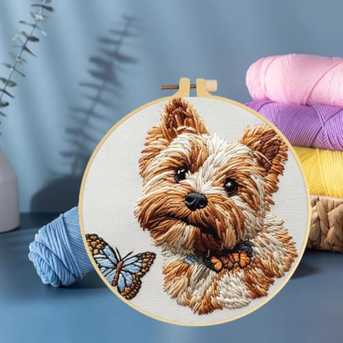 Punch Needle Kits Yorkshire Terrier Dog and Butterfly Embroidery Starter Set with Hoop Easy for Beginners DIY Stress Relief Handmade Craft Hobby and Home Decor 20x20cm-2