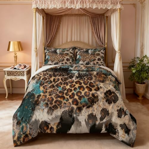 Leopard Print Kids Comforter Set King Size,Boys Girls Adults Bedroom Decor,Black White Cow Fur Texture Down Comforter,Abstract Animals Skin Bedding Set,Rustic Farmhouse Duvet Insert,2 Pillowcases Homewish