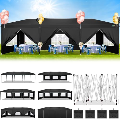 COBIZI 10x30 Canopy Party Tent with 8 Walls 10x30 Pop Up Canopy for Parties Waterproof UPF 50+ Outdoor Commercial Event Tent for Party Backyard Gazebo Canopy with Sidewalls & Sandbags(Black,10x30ft COBIZI