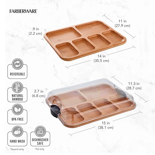 FARBERWARE Build-a-Board Cutting Board with Compartments and Clear Locking Lid for Charcuterie, Snacks, and More-Make it. Take it. Enjoy it, 11x14 Inch, Bamboo Farberware
