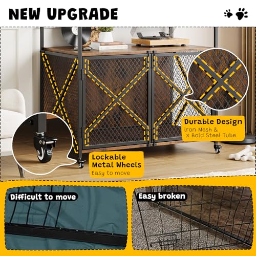 41 Inch Dog Crate Furniture, Heavy Duty Dog Kennel Table with 360° Swivel Wheels, Double Doors, 4 Latches, Vintage Farmhouse Dog House End Table for Large, Medium and Small Dogs, Brown Hipicute