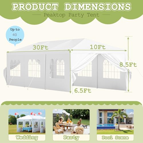 Homall 10' × 30' Party Tent Outdoor Tent for Party Rainproof Wedding Tent Event Booth for up to 40 People, Canopy Tent with Removable Sidewalls (White) Homall