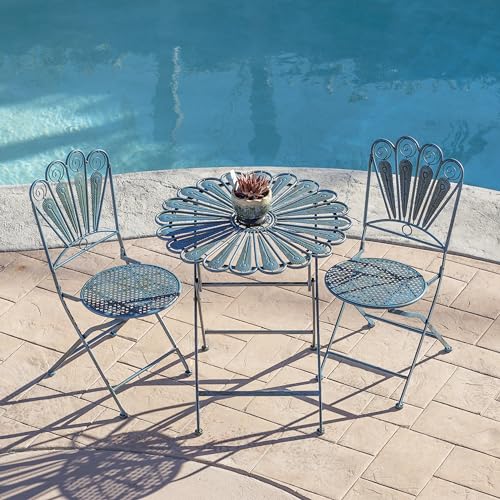 Alpine Corporation Indoor/Outdoor 3-Piece Peacock Feather Rustic Metal Bistro Set Patio Seating, Light Blue Alpine Corporation