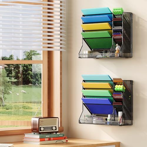 Jakyitvi File Organizer Wall Mounted, 4 Tiers Durable Adjustable Metal Desk Organizer, Desktop Hanging File Holder with 4 Pen Slots Stable, 4 Pull-Out Divider for File, Mail, Black, Patent Pending Jakyitvi