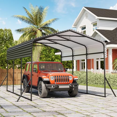 GarveeTech Metal Carport, 10x15 FT Outdoor Carport Canopy with Reinforced Base and Galvanized Steel Roof, Heavy Duty Garage Car Shelter Shade for SUV, Truck, Boats GarveeTech