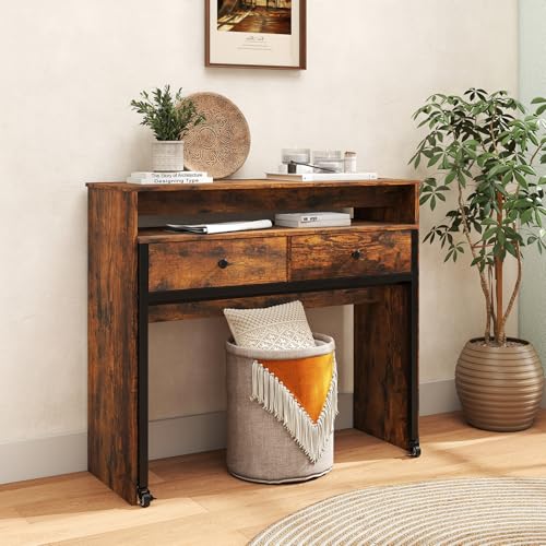 Giantex Small Computer Desk with Hutch & Drawers, Extendable Writing Desk w/Pull Out Secondary Table, Monitor Stand & Rolling Wheels, Console Table, Compact Desk for Small Spaces (Rustic Brown) Giantex