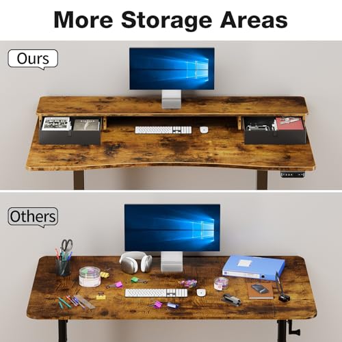 Veken 47.2"×27.6" Standing Desk with Storage Drawers, Adjustable Height Computer Table with Monitor Shelf, Home Office Desk for Study, Gaming, Workstation, Brown Veken
