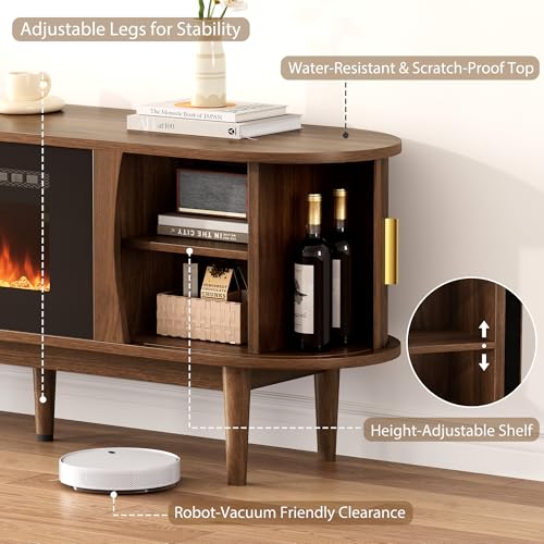 Decofy 70″ Fluted Fireplace TV Stand for 80″ TVs, Remote & Touch Control Adjustable Flame Colors & Temperature, Entertainment Center with Storage, Modern Media TV Console Table for Living Room(Walnut) Decofy
