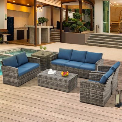 U-MAX 7 Pieces Outdoor Patio Furniture Sets w/Two Storage Boxes, Grey Rattan& Blue Cushions