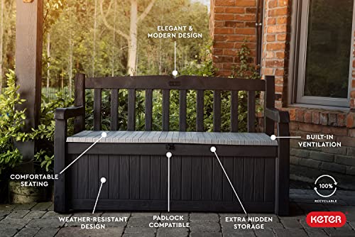 Keter Solana 70 Gallon Storage Bench Deck Box for Patio Furniture, Front Porch Decor and Outdoor Seating – Perfect to Store Garden Tools and Pool Floats, Graphite Keter