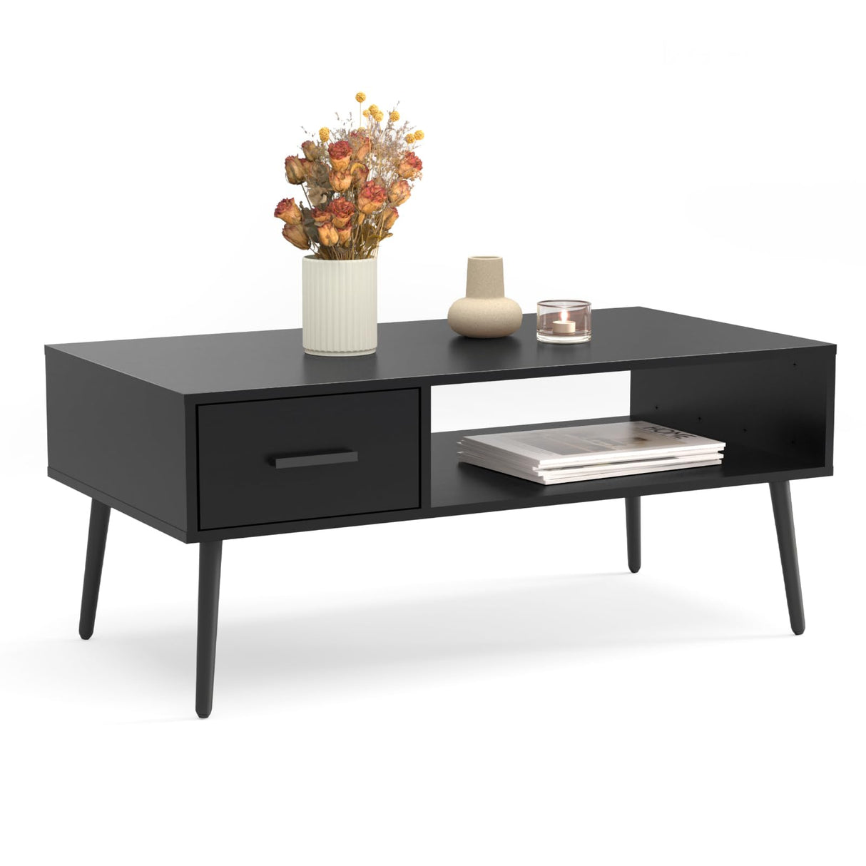 HAIOOU Coffee Table, Mid Century Modern Style Cocktail Table TV Stand with Drawer, Open Storage Shelf, Stable Floor-Anti-Scratching Pine Leg for Home, Office, Living Room - Black HAIOOU