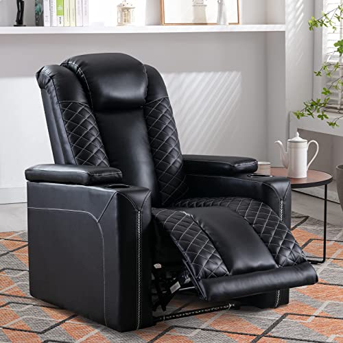 CANMOV Electric Power Recliner Chairs with USB Ports and Cup Holders, Breathable Faux Leather Home Theater Seating Recliner with Hidden Arm Storage, Ambient Lighting, Black CANMOV