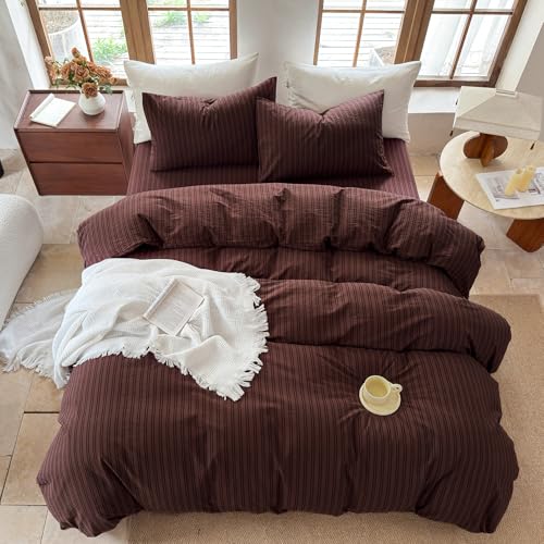 BESTDESIL Striped Duvet Cover Set 100% Washed Cotton Linen Like Soft Feelling Breathable Bedding(Pine Bark Brown/Black Strip,Full) BESTDESIL