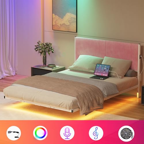 ARFARLY Floating Full Size Bed Frame with Headboard and LED Lights Upholstered Metal Platform Bed Frame Full with Charging Station No Box Spring Needed Easy to Assemble Pink ARFARLY
