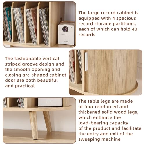 LELELINKY Large Round Record Player Stand with Charging Station & Fluted Display Shelf, Natural Mid Century Modern Turntable Cabinet with Vinyl Storage, Arched Wood Record Player Table for Living Room LELELINKY
