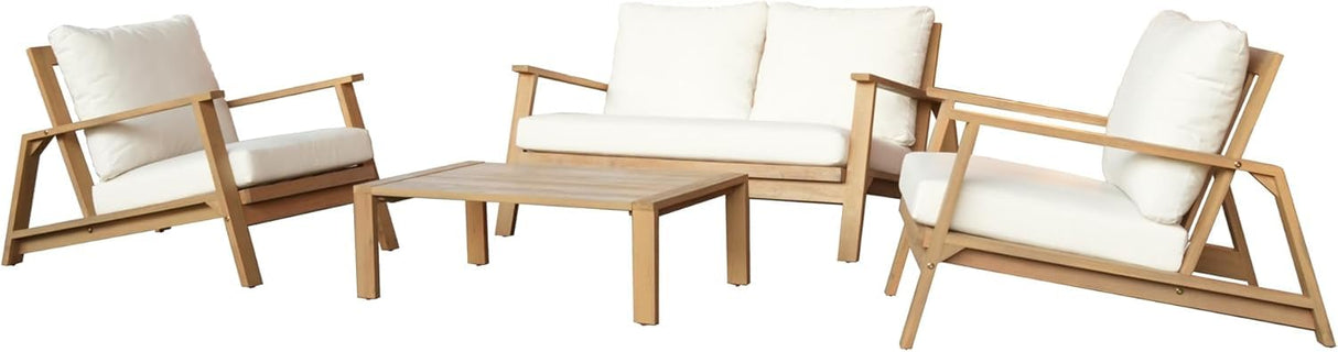 Lokingrise 4-Piece Acacia Wood Outdoor Sectional Sofa Set with Loveseat, Armchairs, Coffee Table, 4 Seater Chat Set, All-Weather Outdoor Wooden Patio Conversation Sets for Garden, Backyard Lokingrise