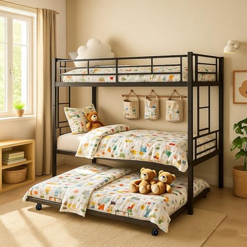 ArisingAsia Twin Over Twin Triple Bunk Beds with Trundle, Metal Bunkbeds with Ladder and Full-Length Guardrail, Noise Free, No Box Spring Needed ArisingAsia