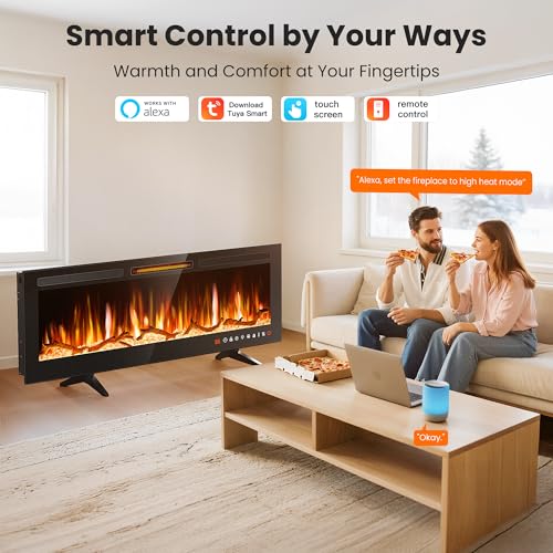 Riseon 36''Smart WiFi Electric Fireplace Heater,Recessed and Wall Mounted Freestanding Linear Fireplace,Ultra-Thin Wall Fireplace with 13 Adjustable Flame Color & 5 Brightness,Remote Control,1500/750W Riseon
