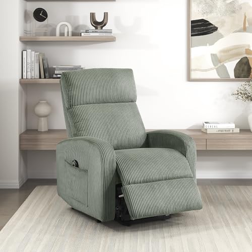 Lexicon Power Lift Recliner Chair for Elderly with Remote Control, Gentle Lift Motion, Side Pocket Armrest, Corduroy Upholstered Electric Recliner for Living Room/Bedroom, Easy Assembly, Green
