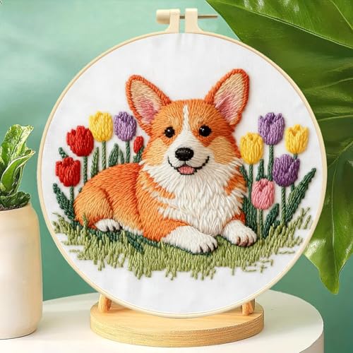 Zhenqing Corgi Embroidery Kit for Beginners, Pre-Printed 29x29cm Cotton Fabric with 20cm Hoop, Cute Dog with Tulips Spring Design (C0216)