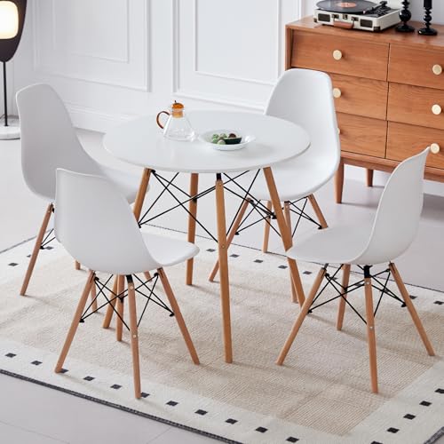 Lecafur HL 5-Piece Round Dining Table Set, Small 35.5" Kitchen Table Chairs Set of 4 Space Saving Furniture, Plastic Seats, Solid Wood Legs, for Living Room Apartment Office Home, White Lecafur HL