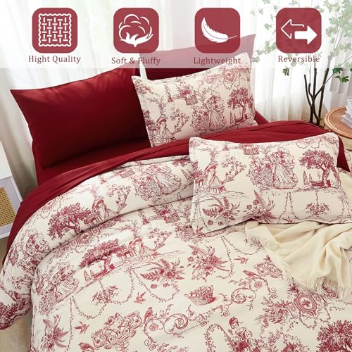 Xruibed Red Comforter Set King 7 Piece Bed in a Bag Toile de Jouy Botanical Comforter with Sheet Set Soft Micorfiber Bedding Set (1 Comforter,2 Pillow Shams,1 Flat Sheet,1 Fitted Sheet,2 Pillowcases) Xruibed