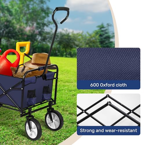 YSSOA Rolling Collapsible Garden Cart Camping Wagon, with 360 Degree Swivel Wheels & Adjustable Handle, 220lbs Weight Capacity,Blue YSSOA
